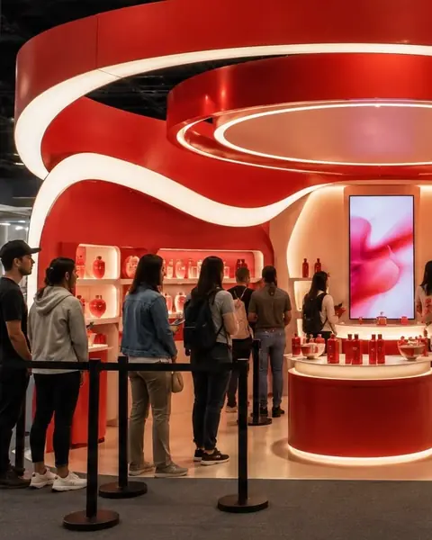 Visitors queuing at a red brand stand