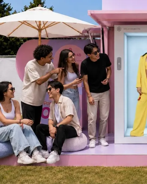 A group of friends laughing in front of a hologram box