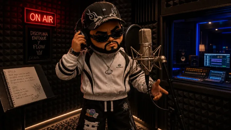 A 3D character in a recording booth, from a music video made for the label